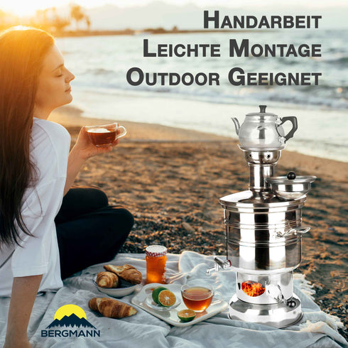 Holzkohle Samowar - Türkische Teekocher Semaver für Camping Garten mit Teekanne 1 Liter