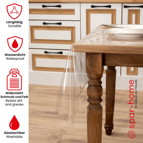 Tischfolie Transparent 0,22mm - 140cm Breite Durchsichtige Tischschutz Tischdecke Folie Abwaschbar für Outdoor Garten